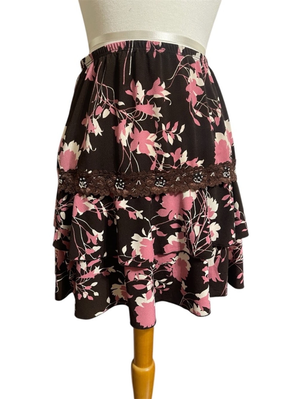 Y2K Brown and Pink Floral Lace Tiered Skirt